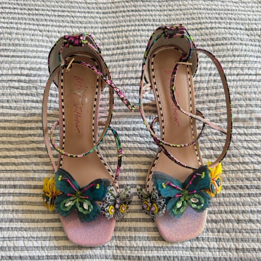 Betsey Johnson multi-colored butterfly heels with floral embellishments